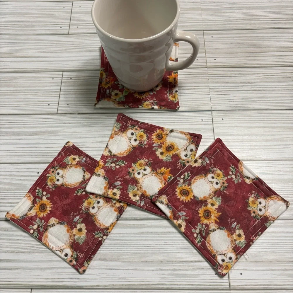 Handmade Fall Owl Print Reusable Washable Fabric Coaster Set